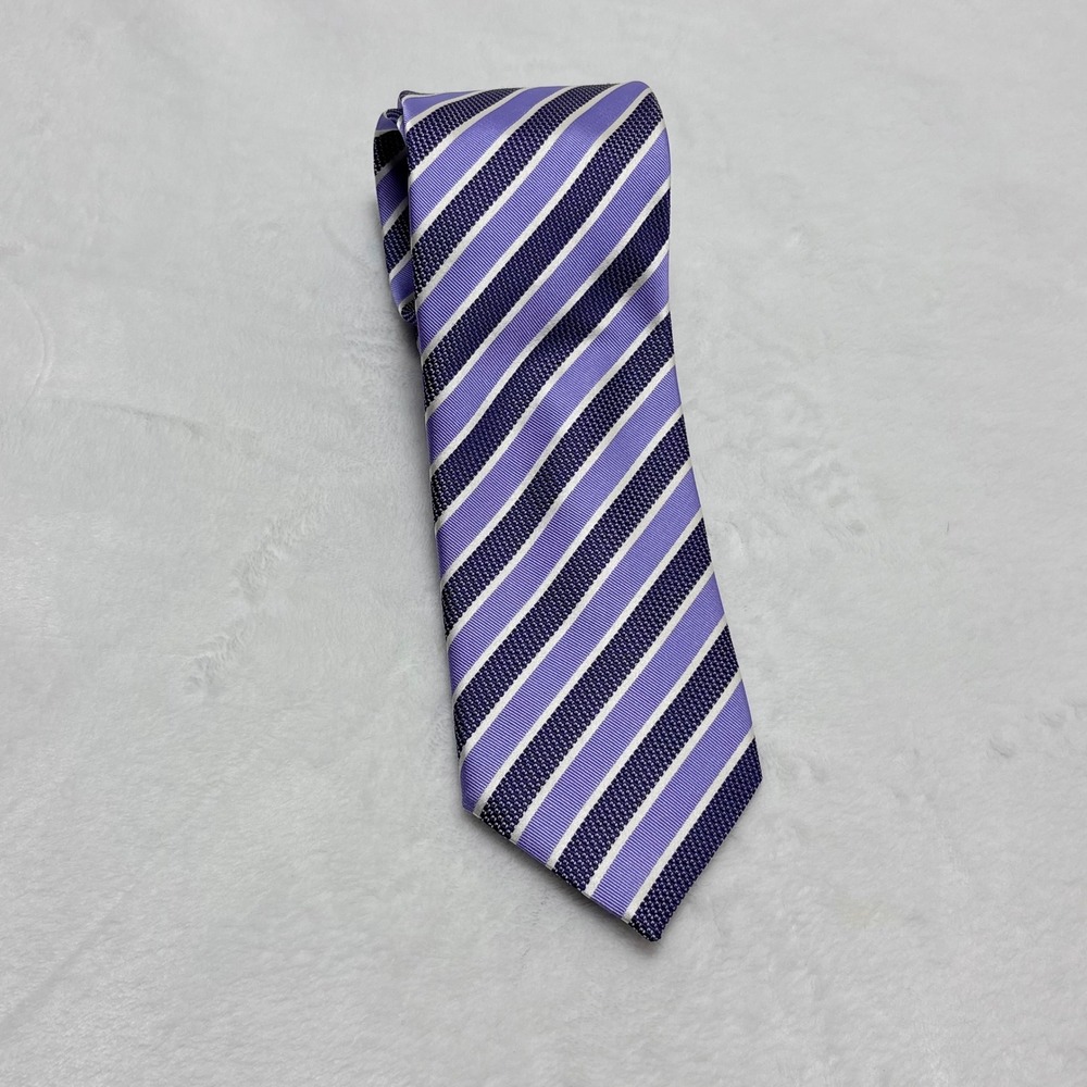 Canali 1934 100% Silk Tie Men's Purple Navy White Striped Italian Luxury Necktie
